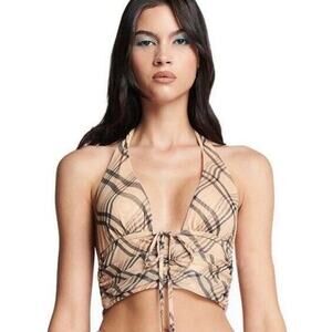 I.AM.GIA Beige Plaid Print Carmel V-Neck Sleeveless Halter Mesh Crop Top XS